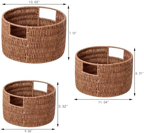 Vagusicc Wicker Storage Basket, Hand-Woven Paper Rope Large Round Woven Basket With Handles, Wicker Baskets for Organizing/Storage, Brown, 3-Pack