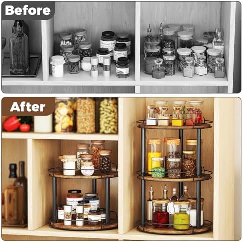LAMU 12'' Wood Lazy Susan Turntable Organizer for Cabinet, 2 Tier Lazy Susan Spice Rack Organizer for Kitchen, Table Top
