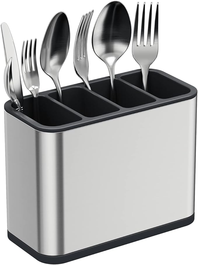 TESOT Silverware Caddy Utensil Caddy Spoon Holder with 4 Divided Compartments, Sturdy Stainless Steel, Rust Proof