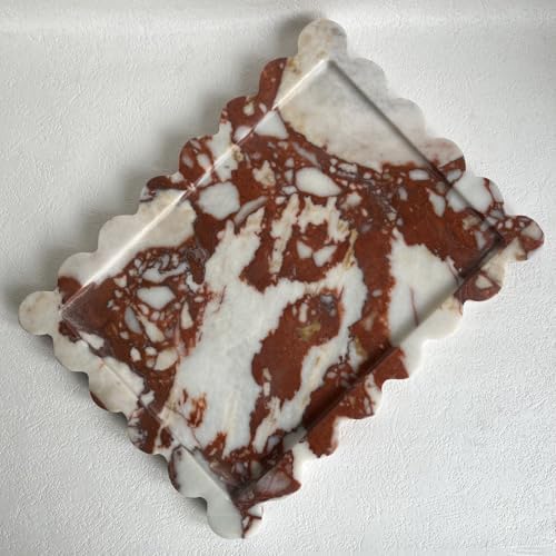 Natural Scalloped Marble Rectangular Tray, 10.8"x8", Decorative for Bathroom, Kitchen, Dresser (Calacatta Red)