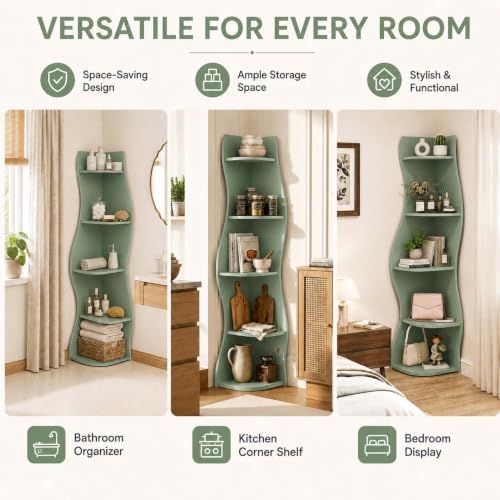 5-Tier Wavy Corner Shelf with Curvy Shape for Small Space,Sage Green