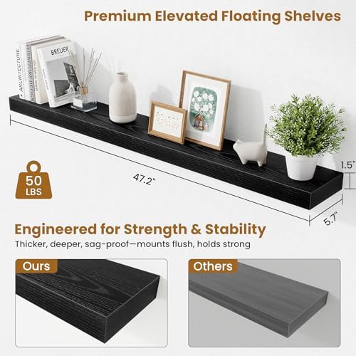 Fun Memories Floating Shelves 48 Inch, Extra Large Wood Shelf Set of 2, Hanging Wall Shelves for Bathroom, Living Room, 