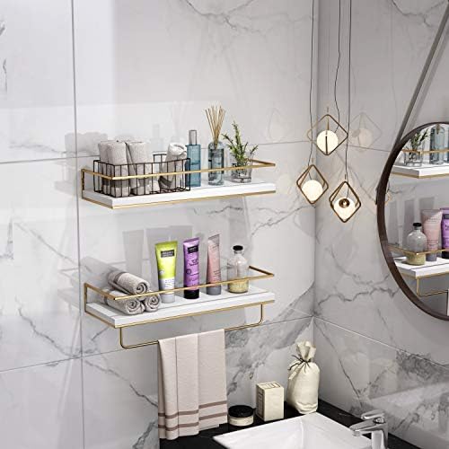Shario White Floating Shelves - Set of 2, Wall Mounted Hanging Shelves with Golden Towel Rack, Decorative Storage Shelve