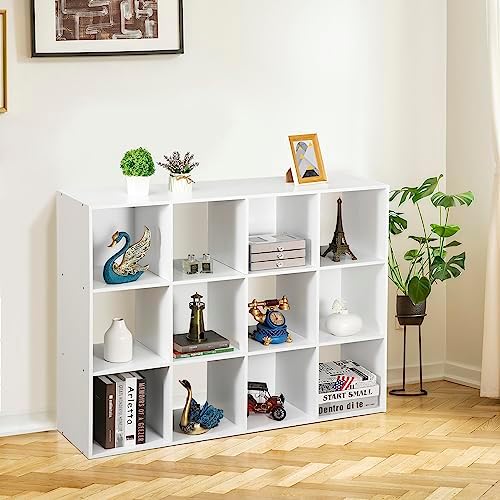 Nouva 12-Cube Storage Organizer Bookcase Shelf, Freestanding Open Wooden Cubical Display Bookshelf with 6 Removable Back
