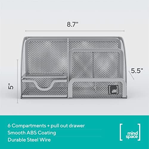 Mindspace Office Desk Organizer with 6 Compartments + Drawer + Pen & Pencil Holder | The Mesh Collection, Silver