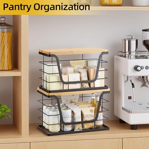 ALOCEO 2 Pack Storage Stackable Kitchen Laundry Organizers with Bamboo Top, Large Trash Bag Holder and Small Garbage Bag