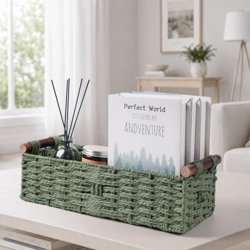 Round Paper Rope Storage Basket Wicker Baskets for Organizing with Handle Decorative Storage Bins for Countertop Toilet Paper Basket for Toilet Tank Top Small Baskets Set,Green