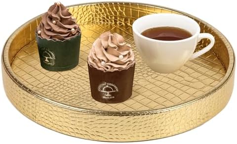 HofferRuffer Faux Leather Round Serving Tray, Vegan Croco Leather Decorative Tray, Food Tray for Storage Drinks, Snack &