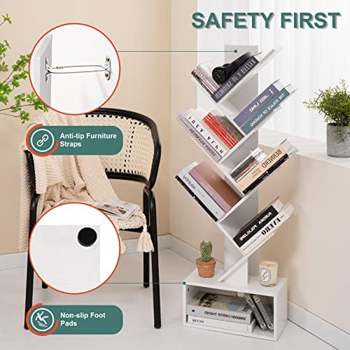 Yoobure Tree Bookshelf, 6 Tier Small Book Shelf Retro Floor Standing Bookcase, Wood Book Storage Organizer Rack, Tall Na