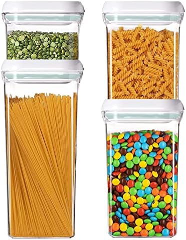 Airtight Food Storage Containers Set of 4 with One-Press Seal Lids – BPA-Free Kitchen Canisters for Pantry Organization – Stackable, Leakproof, Clear Plastic Bins with Labels & Marker