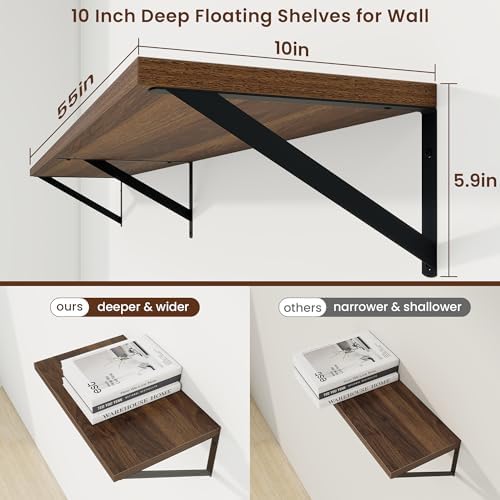 Axeman Deep Floating Shelves, 55'' x 10'' Walnut Wall Shelves Set of 2