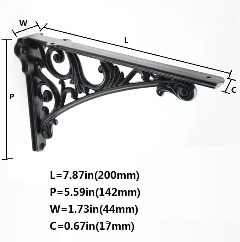 Decorative Shelf Bracket 8 inch, Black Brackets for Shelving, Heavy Duty Vintage, DIY Projects, Hardware Included, 4 Pac