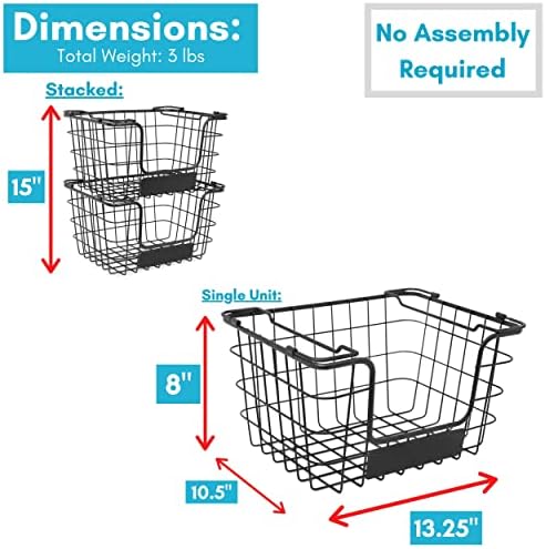 BIRDROCK HOME Stacking Wire Market Baskets with Chalk Label | Set of 2 | Fruit Vegetable Produce Metal Storage Bin for K