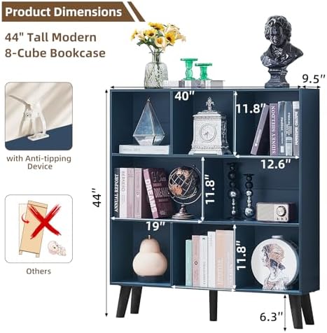 LEYAOYAO 8 Cube Bookshelf,Mid-Century Modern Book Shelf with Legs,Dark Blue