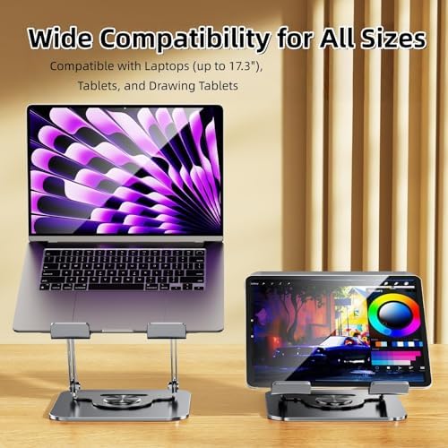 Laptop Stand for Desk, 360° Rotating Adjustable Metal Foldable Laptop Riser with Minimalist Vent Pattern, Ergonomic Comp