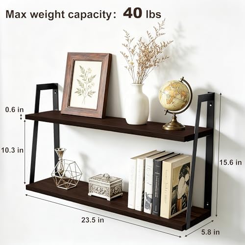 SRIWATANA Dark Walnut 2-Tier Floating Shelves, Wood Wall Storage Shelf Unit