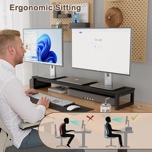 LAND·VOI Dual Monitor Stand Riser,41.5'' Long Monitor Stand for 2 Monitors, Wood and Steel Computer Monitor Stand, Deskt