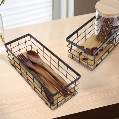 2 Pack Small Wire Baskets, Narrow Rustic Storage Bin for Bathroom Counter, Farmhouse RectangleOrganizer Tray for Kitchen