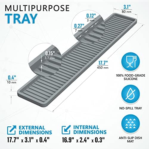 ZAPPOWARE Kitchen Sink Narrow Silicone Holder Tray 17.7"x3.1", Vanity & Bathroom Organizer, Gray