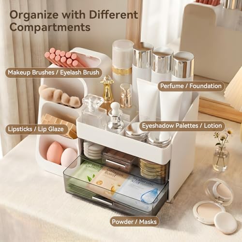 Makeup Organizer for Vanity with Brush Holder and 2 Drawers, White