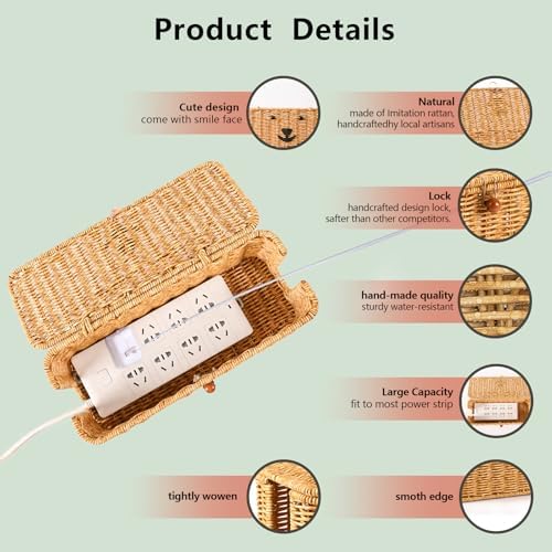 Cord hider box,Imitation rattan cable management organizer storage box with lid 2 open slots extension cord keeper charg