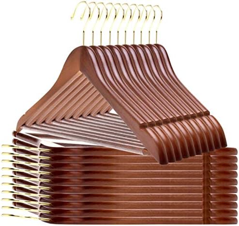 Quality Wooden Hangers - Slightly Curved Hanger 20-Pack Sets - Solid Wood Coat Hangers with Stylish Chrome Hooks - Heavy-Duty Clothes, Jacket, Shirt, Pants, Suit Hangers Walnut - Gold Hook