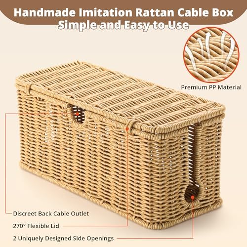 ZhiYo Rattan Cable Management Box, Brown Cord Organizer, 13.5" x 6.2" x 6"