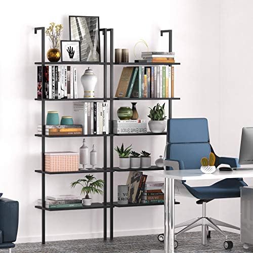Ladder Shelf Bookshelf, 5-Tier Industrial Bookshelf with Metal Frame and Wood Board, Wall Mounted Bookcase Open Shelf Or