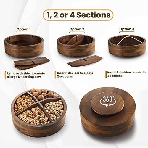 TIDITA 12" Wooden Lazy Susan Organizer with 4 Dividers, High Rim, Rotate