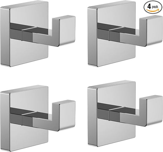 Kruodop 4 PCS Towel Hooks for Bathroom, Wall Mount Towel Holder, Black Matte Wall Robe Hook,Square Stainless Steel Door Hanger Towel Hook for Kitchen, Bedroom,Hotel,Pool,Coats（Silver）