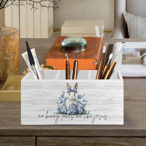 Easter Bunny Decor, Chinoiserie Christian Easter Bunny Pen Pencil Holder Organizer for Desk Accessories, Blue and White Floral Rabbit Wooden Box Sign Desk Decor for Home Office Decoration