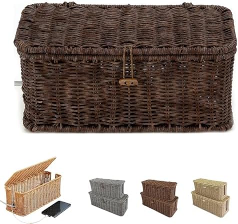 Handwoven Rattan Cable Management Box, Basket to Hide Cords, Container for Tv Wire, Computer, Router, USB Hub (Brown, L：
