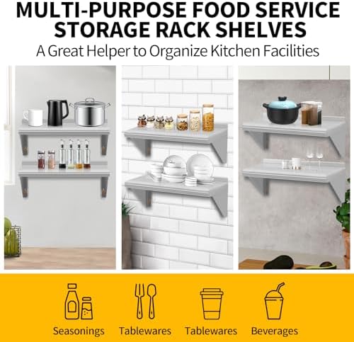 8.6" D x 16" W Stainless Steel Wall Mounted Shelves, 2 Packs Floating Shelving with Brackets, Commercial Shelf Perfect f