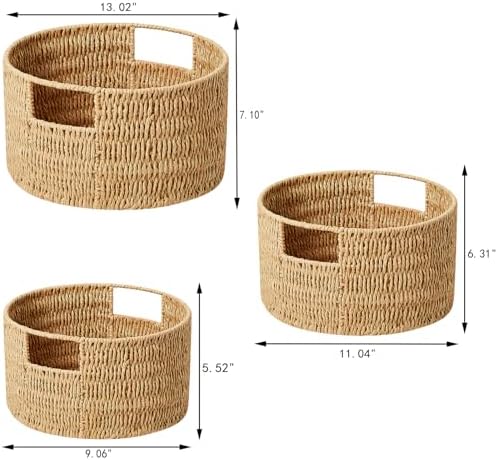 Vagusicc Wicker Storage Basket, Hand-Woven Paper Rope Large Round Woven Basket With Handles, Wicker Baskets for Organizing/Storage, Natural, 3-Pack