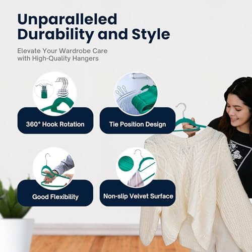 50 Pack Velvet Hangers | Non Slip Velvet Hangers for Clothes with Tie Organisers | Space Saving Hangers and 360° Swivel Hooks Wardrobe Storage Organiser