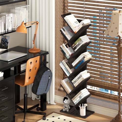 10 Tier Tree Book Shelf, Floor Standing Wood Bookshelf for Narrow Space