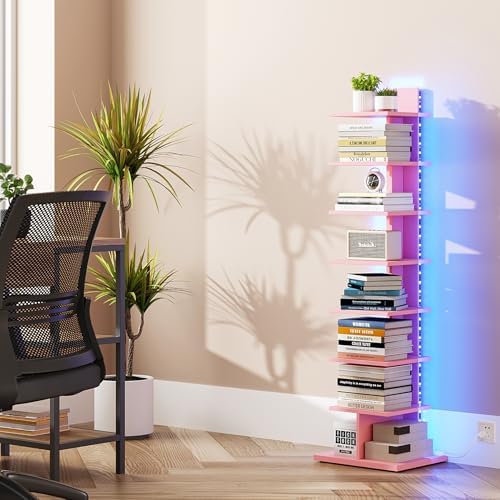 TUTOTAK Book Shelf, Narrow Spine Bookshelf, 8-Tier Bookcase with LED Lights