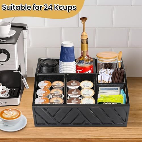 ugiftt Coffee Station Organizer for Counter, Wood Coffee Pods Holder Storage Basket, Tea Condiment Storage Organizer, Ru