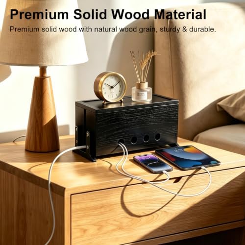 Large Wood Cable Management Box, Black Cord Organizer 14"