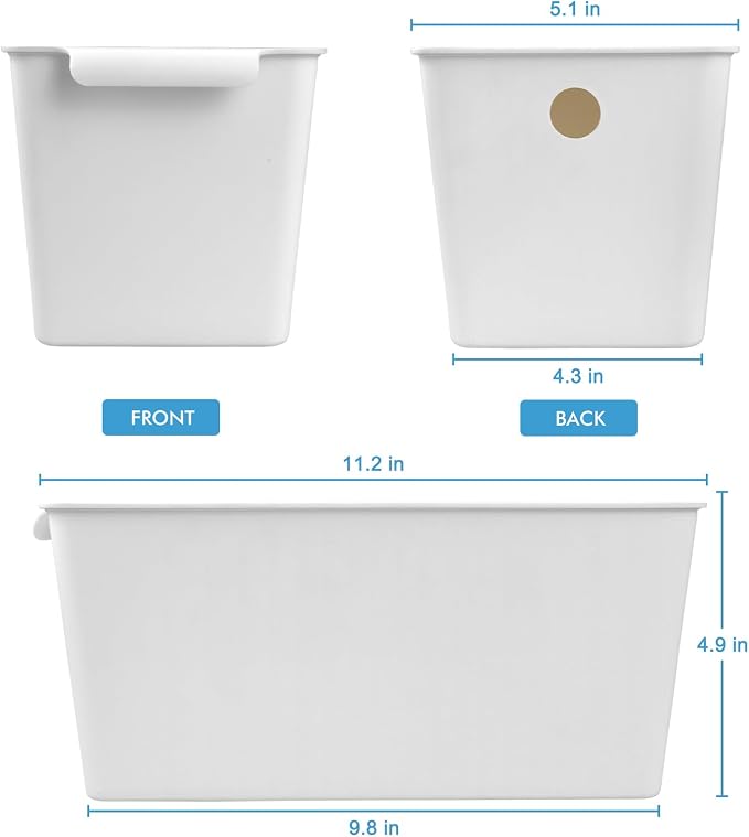 Plastic Storage Bins 6 Pack, Front Handle Design, 11"x5" Pantry Organization and Storage Open Top Baskets for Shelves Closet Cabinet Sink Counter Cupboard Drawer Rridge (White)