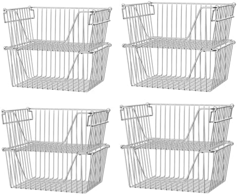 Slideep 14" Large Stackable Storage Baskets, Cabinet Organizer Sturdy Metal Wire Pantry Freezer Bin for Pantry Home Bath
