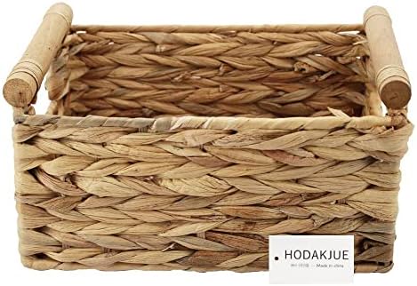 Natural Woven Water Hyacinth Storage Basket with Wood Handles, Large
