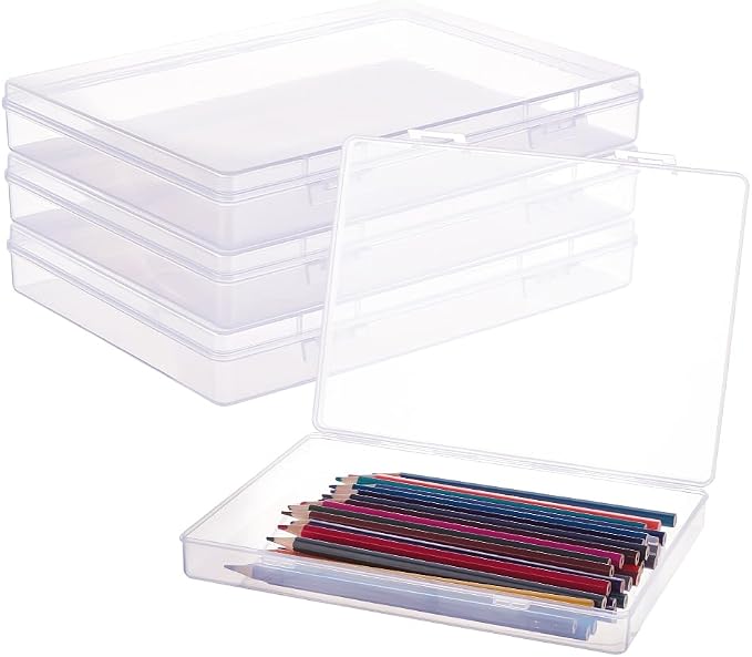 BENECREAT 4 Pack 8.8x6.5x1.2 Large Rectangle Clear Plastic Storage Containers Large Box Case with Double Buckles for Cards, Pens, Beads and Jewelry Findings