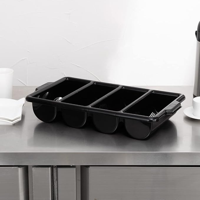 Restaurantware-21.9 x 14.2 x 3.5 Inch Silverware Organizer, 1 Crack-Resistant Cutlery Tray - 4 Compartments, Built-In Handles, Black Plastic Utensils Drawer Holder, For Kitchen Organization