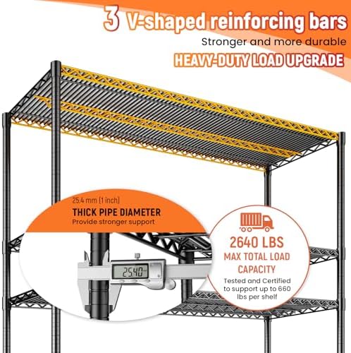 60" W Storage Shelves 2640 LBS Heavy Duty Garage Shelving, Adjustable Wire Shelving Metal Shelving with Liners, Fits 27-