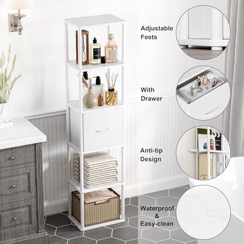 6-Tier Bookshelf Organizer, Narrow Bookcase,Tall Skinny Bookshelves, Standing Ladder Shelf with Drawer, Small Book Shelf