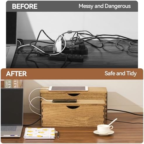 KIRIGEN Wooden Cable Management Box Set of 2, Cord Organizer, Brown