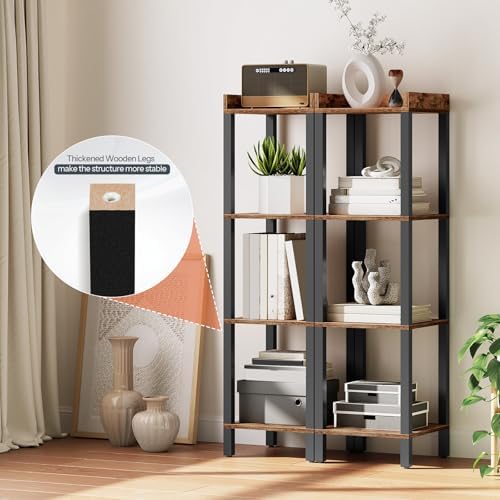 HOOBRO Small Bookcase, Industrial Style Bookshelf for Narrow Spaces, 4-Tier Square Book Shelf Stand, Wooden Storage Rack