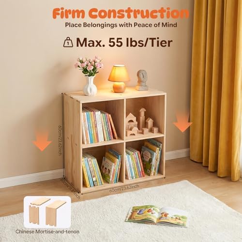4-Cube Solid Wood Bookshelf, 2-Tier Semi-Open Storage Organizer