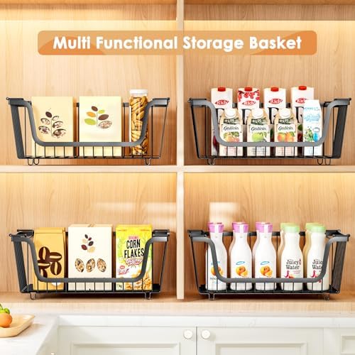 4 Pcs Stackable Wire Baskets for Pantry Organizers and Storage, Black